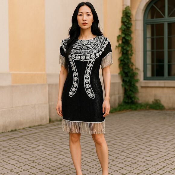 Vintage Black Sequin Beaded Fringe Dress Elegant Floral Design Flapper-Inspired - Picture 1 of 16